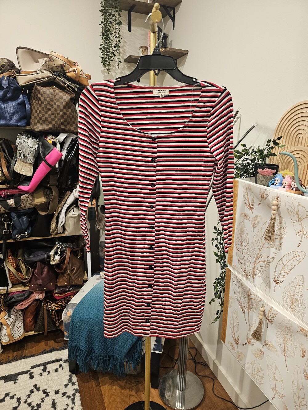 Vintage Heart Hips Red, Black & White Striped Long Sleeve Button Dress